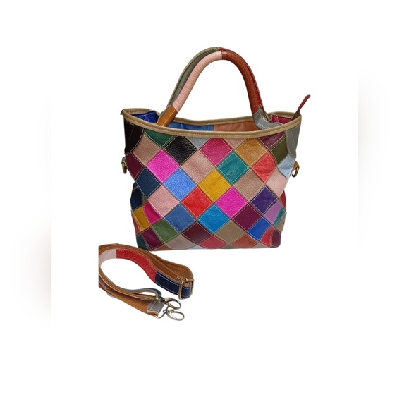 Red and Pink Artistic Patchwork Tote - Picture 1 of 6